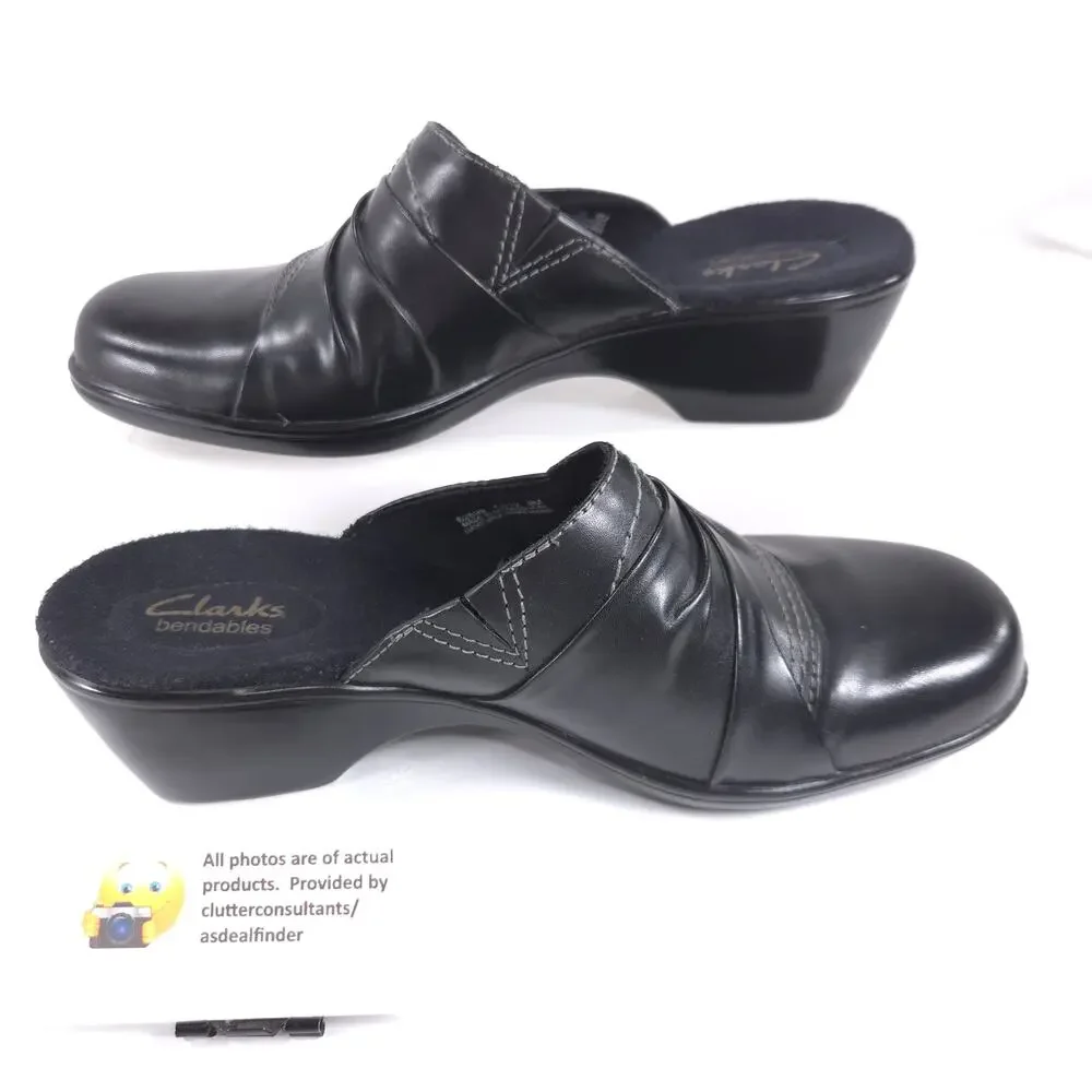 Clarks Bendables Leather Casual Mule Clog Flat Shoe Womens Size 9 62899 Black
